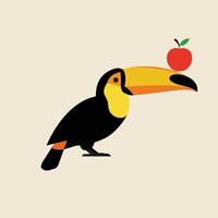 Toucan bird with orange beak holding red apple illustration in flat design style vector
