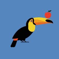 Toucan with yellow beak balancing red apple on blue background illustration vector