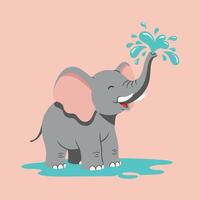 Cute playful elephant spraying water with trunk on pink background illustration vector