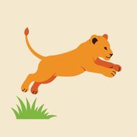 Lion Cub Leaping Over Grass Illustration in Orange and Green Colors with Simple Style vector
