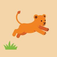 Lion Cub Jumping Over Grass Illustration with Orange Color and Simple Design Elements vector