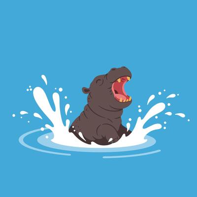 Hippopotamus yawning and splashing water in blue pond illustration for wildlife design and animal concept