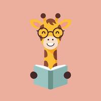 Cute giraffe with glasses reading a book illustration in flat style on peach background vector