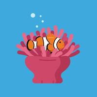 Clownfish swimming in pink sea anemone underwater with blue background illustration vector