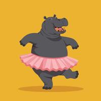 Happy hippo dancing in pink tutu skirt on yellow background illustration with joyful expression and playful pose vector