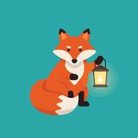 Fox holding lantern sitting on teal background illustration with warm light and simple design vector