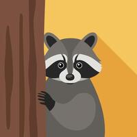 Raccoon peeking from behind brown tree trunk with yellow background in flat style illustration vector