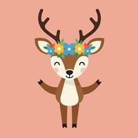 Cute smiling deer with colorful flower crown on pink background illustration vector