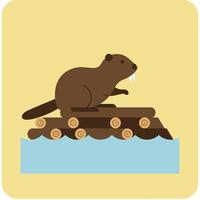 Beaver sitting on wooden logs floating in water with yellow background illustration vector