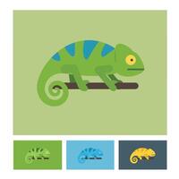 Green chameleon lizard on branch with color variations illustration in flat design style vector