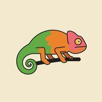 Chameleon colorful reptile lizard sitting on branch illustration with green orange pink hues vector