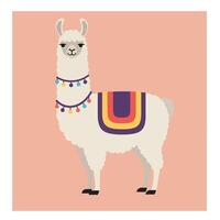 Llama with colorful blanket and decorative lights illustration in soft peach background vector