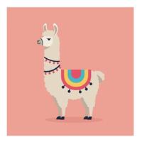 Llama with colorful decorative blanket and ornaments on pink background in square format illustration vector