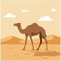 Camel walking in desert landscape with sandy hills and scattered clouds illustration vector