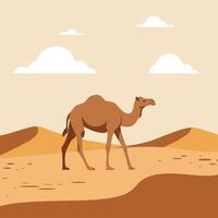 Camel walking in desert landscape with sand dunes and clouds illustration in warm tones vector