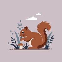 Brown squirrel holding mushroom with surrounding plants and cloudy sky in simple flat style illustration vector