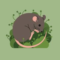 Small brown mouse curled up resting on green leaves with simple natural background illustration vector