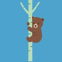 Brown bear cub climbing light green tree trunk against blue sky background in simple flat style illustration vector