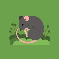 Small gray mouse resting curled up on green grass with plants in simple flat style illustration vector