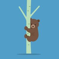 Brown bear climbing light green tree trunk with branches on blue background in simple art style vector