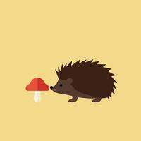 Hedgehog approaching red mushroom on beige background simple flat design illustration vector