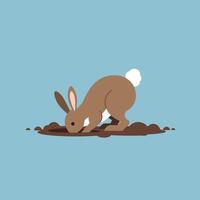 Brown rabbit digging in soil with white tail on blue background simple nature illustration vector