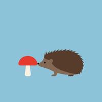Hedgehog with red mushroom on blue background simple nature illustration design vector