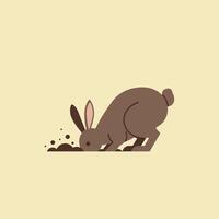 Brown rabbit digging a hole in soft soil with beige background simple illustration in square format vector