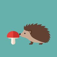 Hedgehog sniffing red mushroom on teal background simple flat design illustration vector