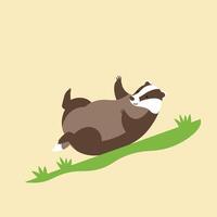 Badger animal resting on green grass with beige background in simple nature illustration vector