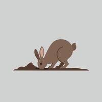 Brown rabbit digging hole in soil simple illustration on grey background with flat design style vector