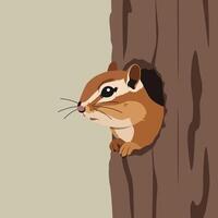 Chipmunk peeking from hollow tree trunk with natural brown and beige tones in square format for wildlife observation and nature study vector