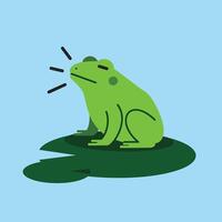 Green frog sitting on lily pad croaking with blue background in simple flat style illustration vector