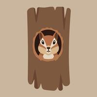 Chipmunk peeking out of tree hole in natural woodland setting with brown and beige tones illustration vector
