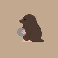 Mole holding round gray stone on neutral beige background simple flat design animal illustration square format vector