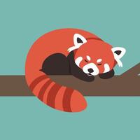 Red panda sleeping peacefully on tree branch with teal background in minimalist style illustration vector