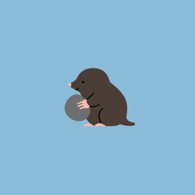 Small brown mole holding round gray rock on plain blue background simple illustration