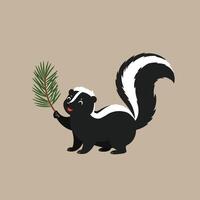 Cartoon skunk holding green pine branch on beige background with happy expression and bushy tail vector