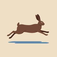 Brown rabbit leaping over blue shadow on beige background in simple minimalist style digital illustration vector