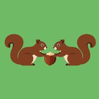 Two brown squirrels facing each other sharing an acorn on green background digital illustration vector