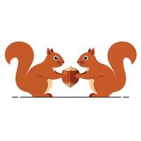 Two red squirrels holding a large nut facing each other in simple cartoon style on white background vector