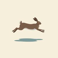 Brown rabbit in mid-air jump with visible shadow on beige background minimalistic style vector