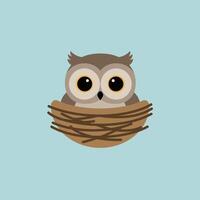 Cute cartoon owl sitting in brown nest on light blue background simple illustration square format vector