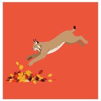 Mountain lion pouncing on yellow autumn leaves on orange background with minimalistic style and square orientation vector