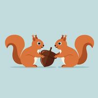 Two playful squirrels sharing a large acorn on light blue background in cute cartoon style vector