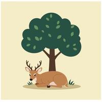 Deer resting under leafy tree with green foliage in nature scene illustration peaceful environment calm mood vector