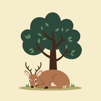 Sleeping deer resting under green leafy tree in serene natural environment illustration vector