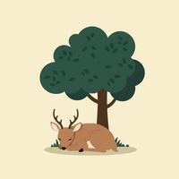Sleeping deer resting under green tree in natural environment peaceful and calm scene vector