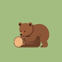 Brown bear cub playing with tree log on green background in simple style illustration vector