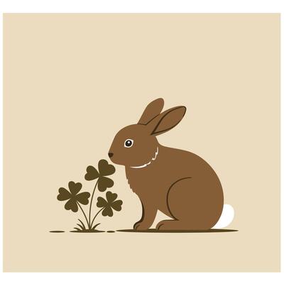 Brown rabbit sitting near clover plants on beige background minimal animal illustration